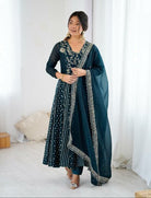 Deep Teal Blue Crunchy Silk Sequins Work Anarkali Set - BONYHUBSALWAR KAMEEZ