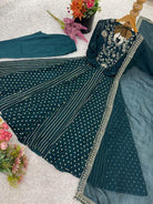 Deep Teal Blue Crunchy Silk Sequins Work Anarkali Set - BONYHUBSALWAR KAMEEZ