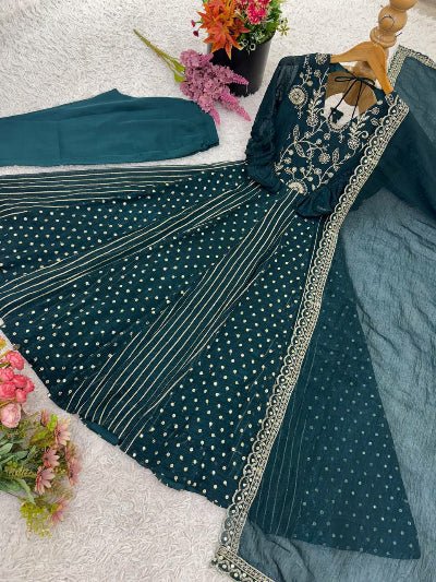 Deep Teal Blue Crunchy Silk Sequins Work Anarkali Set - BONYHUBSALWAR KAMEEZ