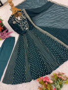 Deep Teal Blue Crunchy Silk Sequins Work Anarkali Set - BONYHUBSALWAR KAMEEZ