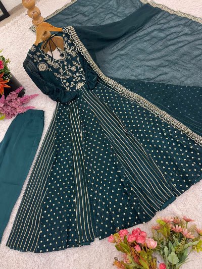 Deep Teal Blue Crunchy Silk Sequins Work Anarkali Set - BONYHUBSALWAR KAMEEZ