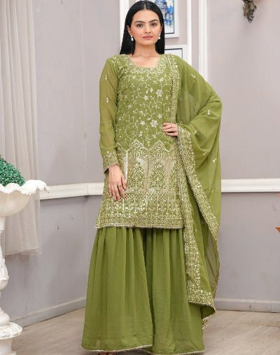 Green Georgette Sharara Palazzo Suit Set - BONYHUBSALWAR KAMEEZ