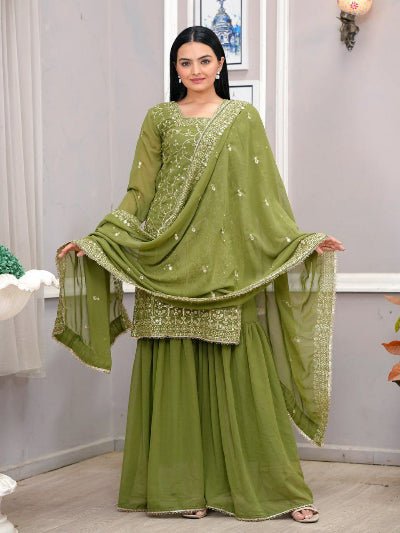Green Georgette Sharara Palazzo Suit Set - BONYHUBSALWAR KAMEEZ