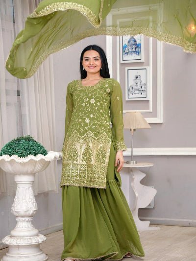 Green Georgette Sharara Palazzo Suit Set - BONYHUBSALWAR KAMEEZ
