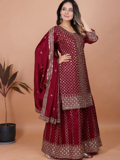Maroon Chinon Embroidered Sharara Suit Set - BONYHUBSALWAR KAMEEZ