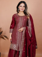 Maroon Chinon Embroidered Sharara Suit Set - BONYHUBSALWAR KAMEEZ