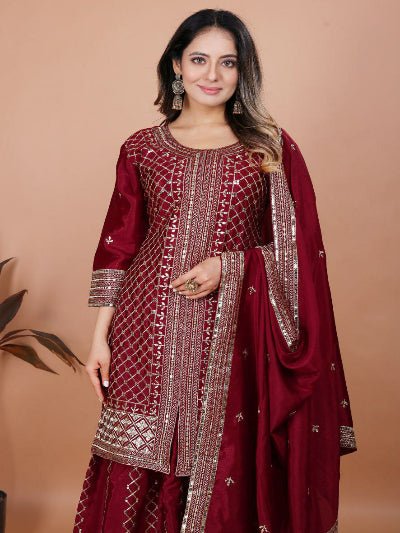 Maroon Chinon Embroidered Sharara Suit Set - BONYHUBSALWAR KAMEEZ