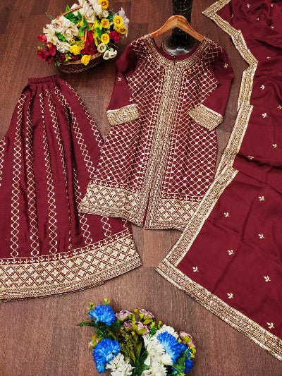 Maroon Chinon Embroidered Sharara Suit Set - BONYHUBSALWAR KAMEEZ