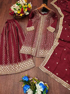 Maroon Chinon Embroidered Sharara Suit Set - BONYHUBSALWAR KAMEEZ