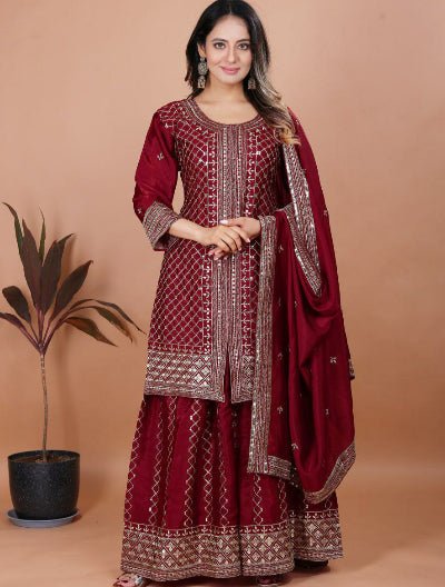 Maroon Chinon Embroidered Sharara Suit Set - BONYHUBSALWAR KAMEEZ