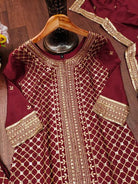 Maroon Chinon Embroidered Sharara Suit Set - BONYHUBSALWAR KAMEEZ