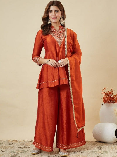 Embroidered Vichitra Silk Palazzo Suit Set- 3 Colours