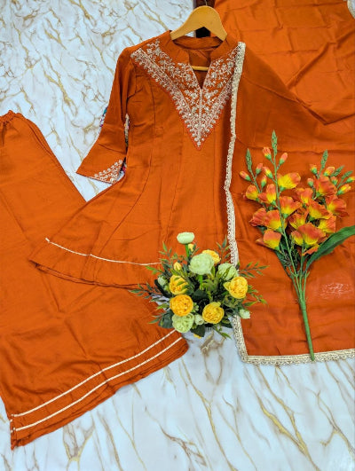 Embroidered Vichitra Silk Palazzo Suit Set- 3 Colours