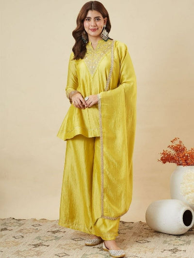 Embroidered Vichitra Silk Palazzo Suit Set- 3 Colours