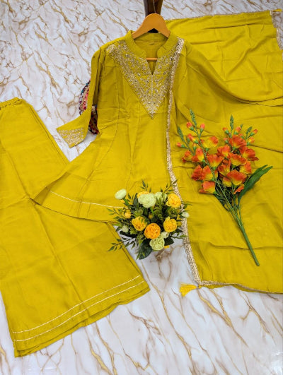 Embroidered Vichitra Silk Palazzo Suit Set- 3 Colours