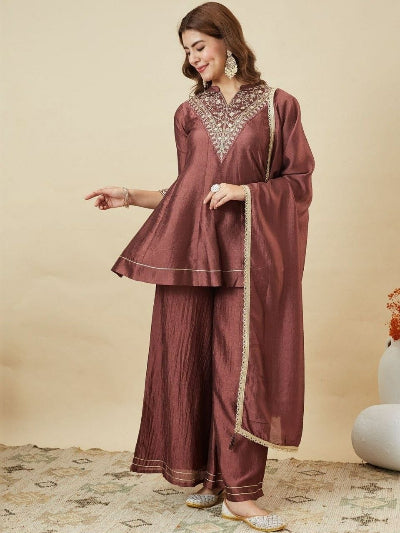 Embroidered Vichitra Silk Palazzo Suit Set- 3 Colours