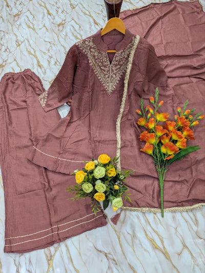 Embroidered Vichitra Silk Palazzo Suit Set- 3 Colours