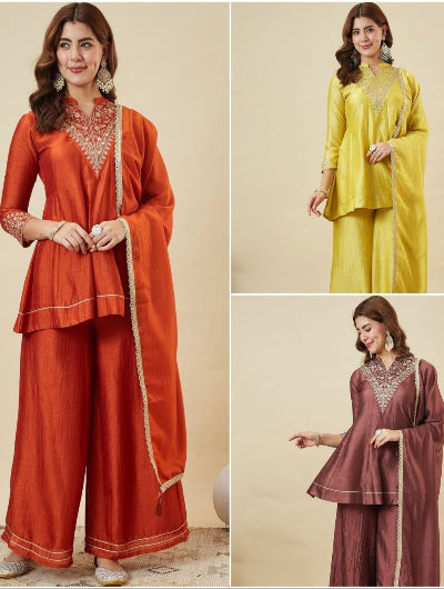 Embroidered Vichitra Silk Palazzo Suit Set- 3 Colours