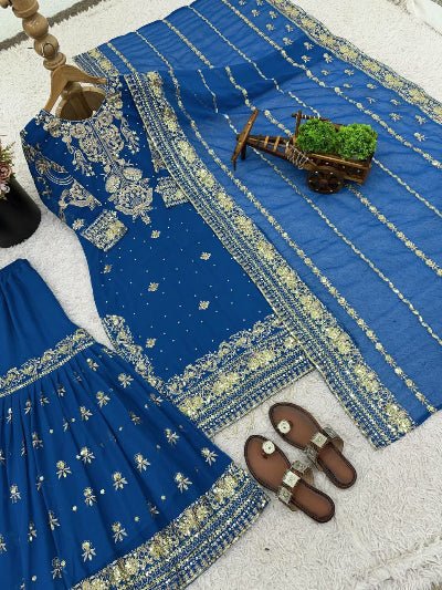 Royal Blue Georgette Embroidery Work Gharara Suit - BONYHUBSALWAR KAMEEZ