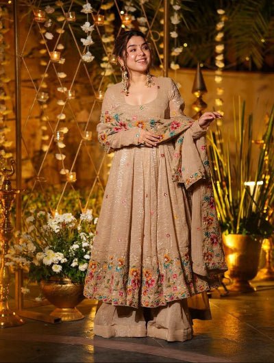 Soft Beige Crunchy Silk Embroidery Anarkali Sharara Suit - BONYHUBSALWAR KAMEEZ