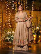 Soft Beige Crunchy Silk Embroidery Anarkali Sharara Suit - BONYHUBSALWAR KAMEEZ