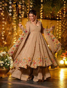 Soft Beige Crunchy Silk Embroidery Anarkali Sharara Suit - BONYHUBSALWAR KAMEEZ