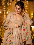 Soft Beige Crunchy Silk Embroidery Anarkali Sharara Suit - BONYHUBSALWAR KAMEEZ