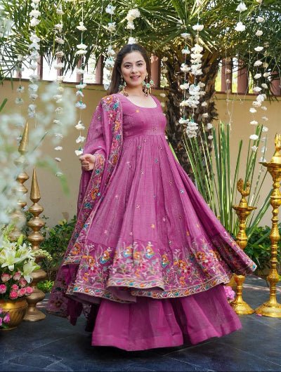 Fuchia Purple Crunchy Silk Embroidery Anarkali Sharara Suit - BONYHUBSALWAR KAMEEZ