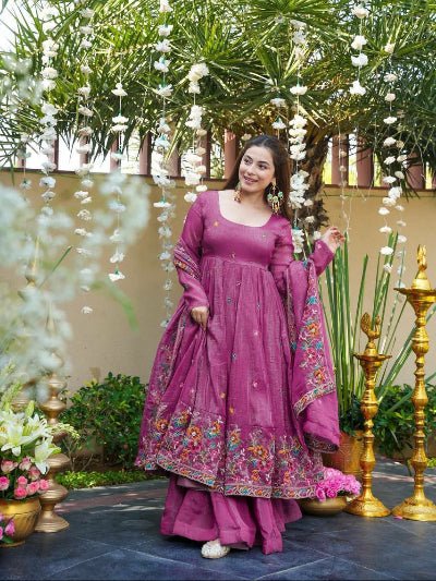 Fuchia Purple Crunchy Silk Embroidery Anarkali Sharara Suit - BONYHUBSALWAR KAMEEZ