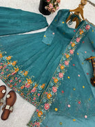 Ocean Teal Crunchy Silk Embroidery Anarkali Sharara Suit - BONYHUBSALWAR KAMEEZ