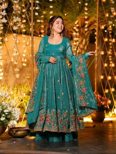 Ocean Teal Crunchy Silk Embroidery Anarkali Sharara Suit - BONYHUBSALWAR KAMEEZ
