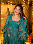 Ocean Teal Crunchy Silk Embroidery Anarkali Sharara Suit - BONYHUBSALWAR KAMEEZ