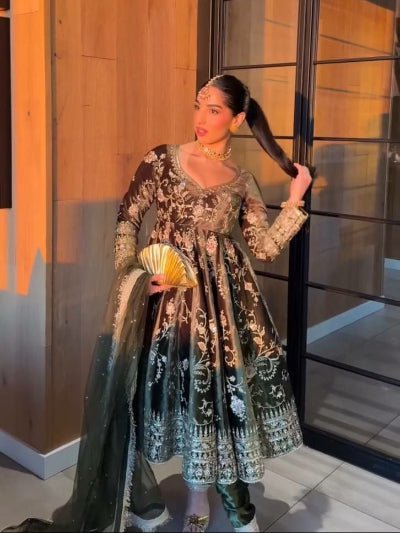 Deep Olive Green Velvet Embroidery Work Anarkali Suit - BONYHUBSALWAR KAMEEZ