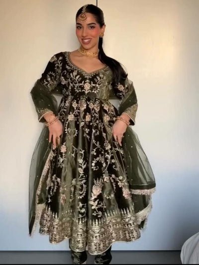 Deep Olive Green Velvet Embroidery Work Anarkali Suit - BONYHUBSALWAR KAMEEZ