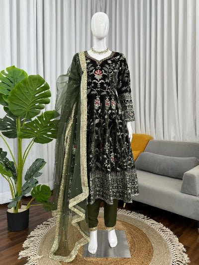 Deep Olive Green Velvet Embroidery Work Anarkali Suit - BONYHUBSALWAR KAMEEZ