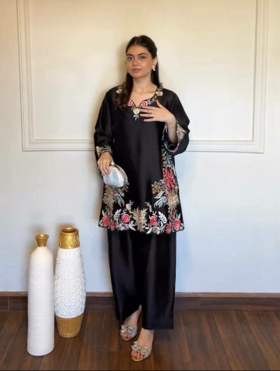 Black Rayon Satin Floral Kurti Palazzo Set Of 2