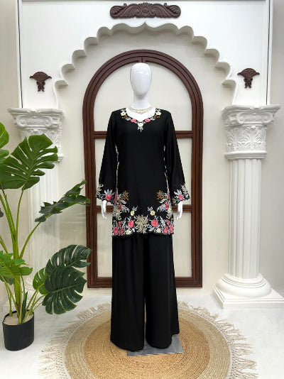 Black Rayon Satin Floral Kurti Palazzo Set Of 2