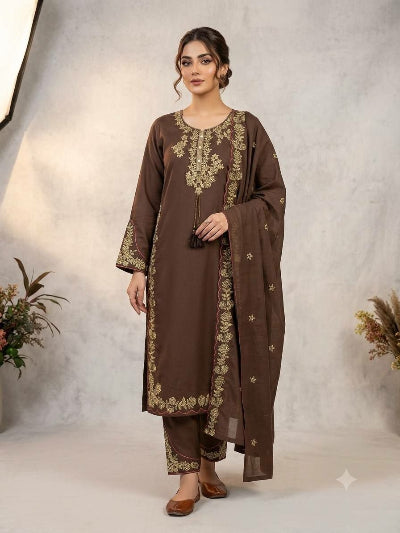 Coffee Brown Embroidered Roman Suit Set
