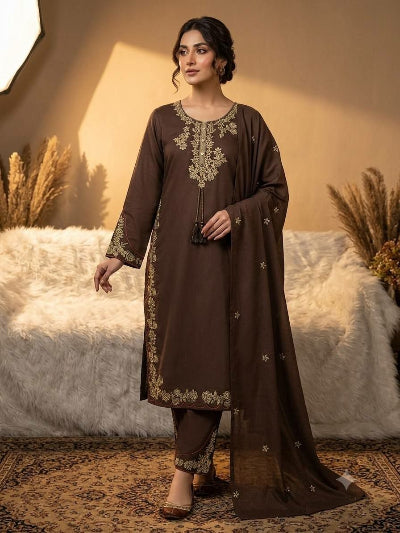 Coffee Brown Embroidered Roman Suit Set
