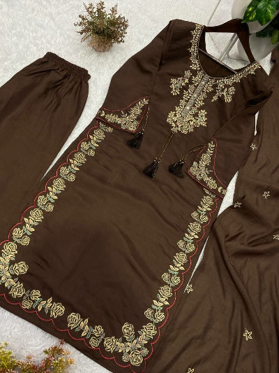 Coffee Brown Embroidered Roman Suit Set