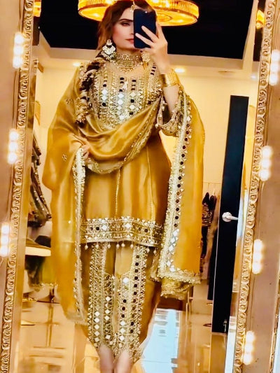 Mustard Yellow Mirror Work Punjabi Dhoti Suit Set