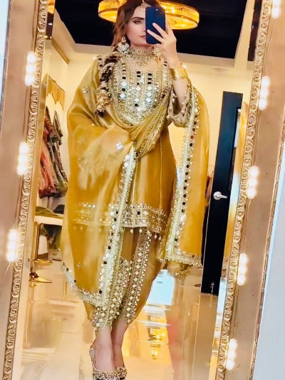Mustard Yellow Mirror Work Punjabi Dhoti Suit Set