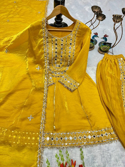 Mustard Yellow Mirror Work Punjabi Dhoti Suit Set