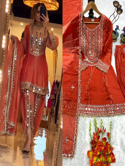 Orange Mirror Work Punjabi Dhoti Suit Set