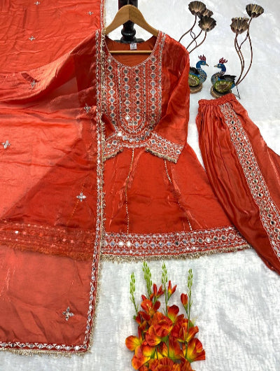 Orange Mirror Work Punjabi Dhoti Suit Set