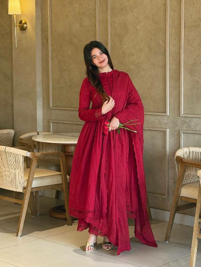 Red Roman Silk Embroidery Modest Anarkali Suit