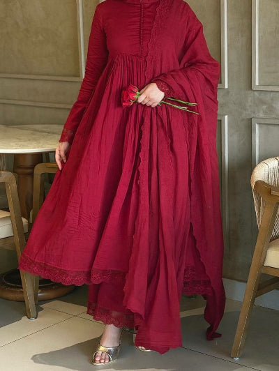 Red Roman Silk Embroidery Modest Anarkali Suit