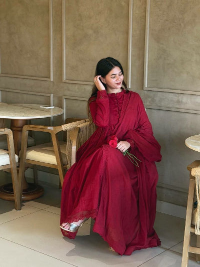 Red Roman Silk Embroidery Modest Anarkali Suit