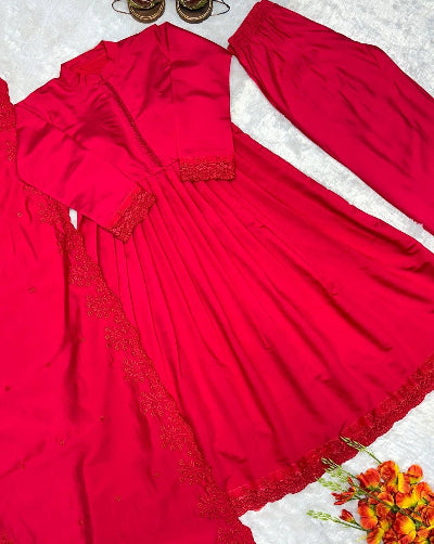 Red Roman Silk Embroidery Modest Anarkali Suit