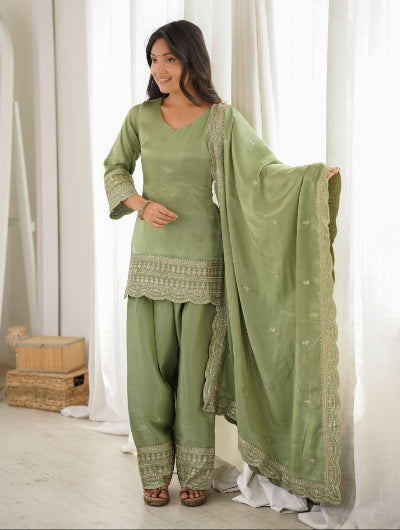 Designer Pista Green Embroidered Farshi Suit Set
